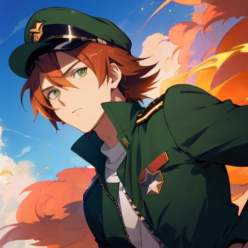 Prompt: Phoenix. Male. He has auburn hair. He has green eyes. He is wearing an aviator cap. Wearing an air force uniform. Anime style
