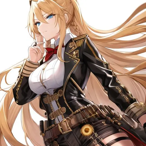 Prompt: Her long, sun-kissed blonde hair is her most distinctive feature, often styled in a sleek and intricately braided ponytail that cascades down her back. The braids are adorned with small gears and cog-shaped hairpins, giving her a touch of steampunk flair. 

She wears a fitted leather jacket with brass buckles and straps, giving her a formidable and commanding presence. 

Her long, black leather gloves are both functional and stylish, decorated with brass rivets and a variety of tiny pockets to store small tools and trinkets.

Beneath her jacket, she sports a waistcoat intricately embroidered with intricate patterns.

Her pants are made of durable, weathered fabric, tucked into knee-high leather boots with brass-plated heels.

Her eyes are an enchanting shade of sapphire blue, reflecting her determination and the vast expanse of the open skies she navigates. 

A collection of pocket watches, keys and compasses, dangle from her belt.

 She wears an eyepatch over her right eye. 

She also wears a pirate hat

Anime style