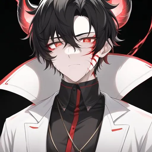 Prompt: Oxen 1male. He has short black hair. He has {{{slanted and serious red-colored eyes.}} He has a stern yet comforting look. His face is covered in scars. He is wearing a lab coat and holding flasks. UHD, 4K.  Handsome. Highly detailed face. He is 26 years old. Scientist