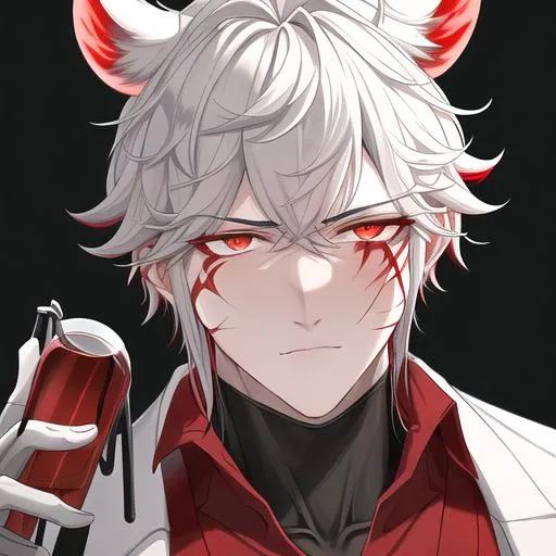 Prompt: Oxen 1male. He has short black hair. He has {{{slanted and serious red-colored eyes.}} He has a stern yet comforting look. His face is covered in scars. He is wearing a lab coat and holding flasks. UHD, 4K.  Handsome. Highly detailed face. He is 26 years old. 