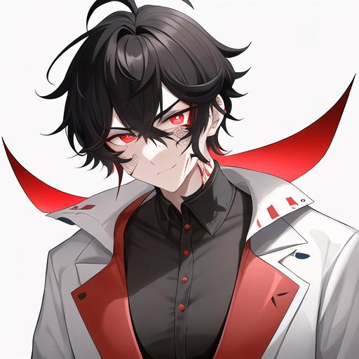 Prompt: Oxen 1male. He has short black hair. He has {{{slanted and serious red-colored eyes.}} He has a stern yet comforting look. His face is covered in scars. He is wearing a lab coat and holding flasks. UHD, 4K.  Handsome. Highly detailed face. He is 26 years old. Scientist