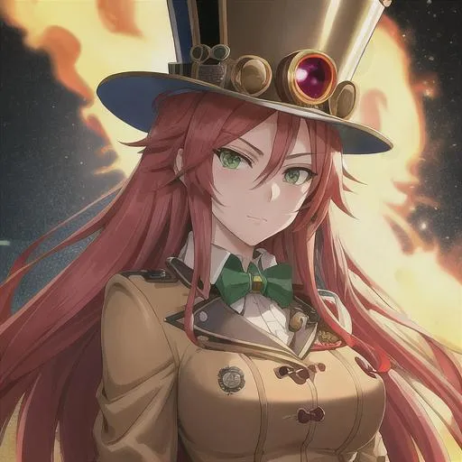 Prompt: Anime-style illustration of Valve, long red hair, green eyes, steampunk goggles, adorned top hat with pipes, tan coat with gears, detailed facial features, intricate steampunk design, highres, ultra-detailed, anime, steampunk, detailed eyes, professional