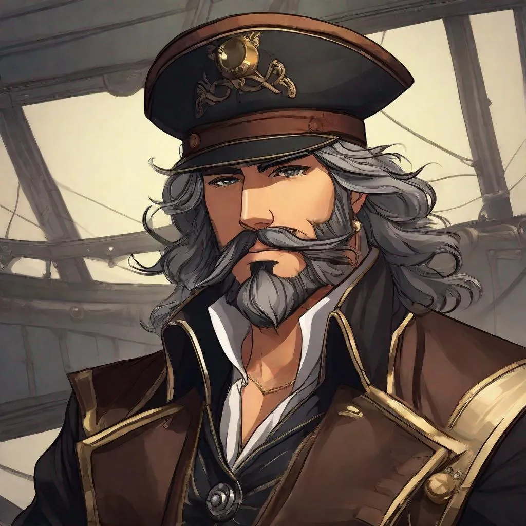 Prompt: Captain Blackthorn. He is a feared airship pirate captain. Thick facial hair. In his 40's. Anime style. Steampunk. Adult.