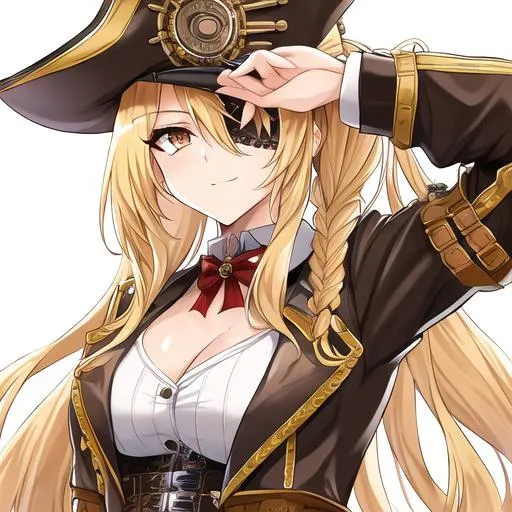 Prompt: Her long, sun-kissed blonde hair is her most distinctive feature, often styled in a sleek and intricately braided ponytail that cascades down her back. The braids are adorned with small gears and cog-shaped hairpins, giving her a touch of steampunk flair.  She wears an eyepatch and a pirate hat

She wears a fitted leather jacket with brass buckles and straps, giving her a formidable and commanding presence. 

Her long, black leather gloves are both functional and stylish, decorated with brass rivets and a variety of tiny pockets to store small tools and trinkets.

Beneath her jacket, she sports a waistcoat intricately embroidered with intricate patterns.

Her pants are made of durable, weathered fabric, tucked into knee-high leather boots with brass-plated heels.

Her eyes are an enchanting shade of sapphire blue, reflecting her determination and the vast expanse of the open skies she navigates. 

A collection of pocket watches, keys and compasses, dangle from her belt.

 She wears an eyepatch over her right eye. 

She also wears a pirate hat

Anime style