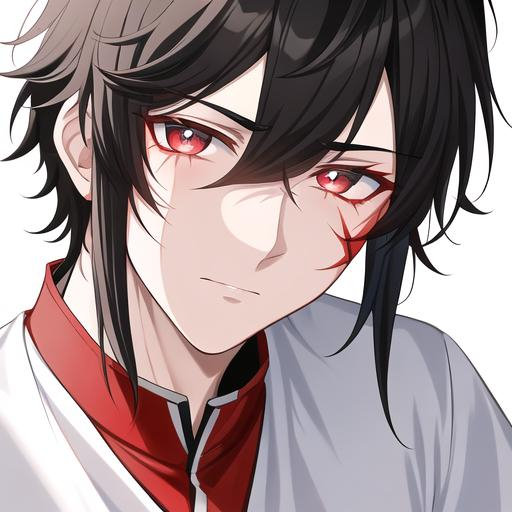 Prompt: Oxen 1male. He has short black hair. He has {{{slanted and serious red-colored eyes.}} He has a stern yet comforting look. His face is covered in scars. He is wearing a white shirt. UHD, 4K.  Handsome. Highly detailed face. He is 26 years old. Close up