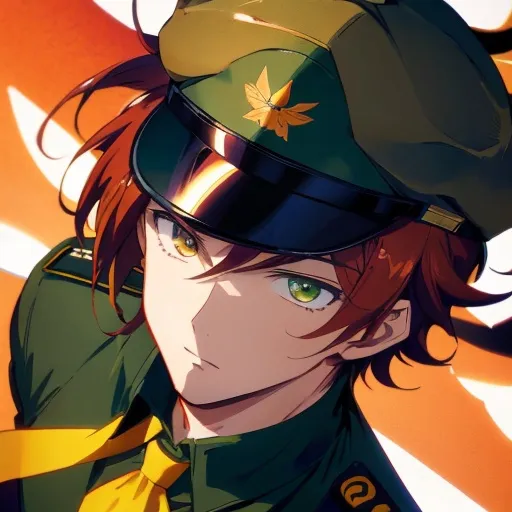 Prompt: Phoenix. Male. He has auburn hair. He has green eyes. He is wearing an aviator cap. Wearing an air force uniform. Anime style
