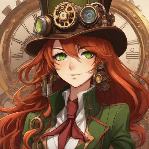 Prompt: Anime-style illustration of Valve, long red hair, green eyes, steampunk goggles, adorned top hat with pipes, tan coat with gears, detailed facial features, intricate steampunk design, highres, ultra-detailed, anime, steampunk, detailed eyes, professional