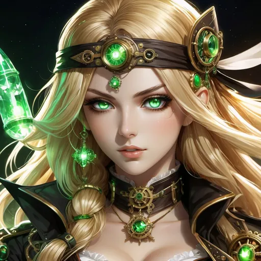 Prompt: Anime style, steampunk, airship pirate captain, Vera, long sun-kissed blonde hair with glowing green highlights, green and blue eyes, green crystals growing out of her, expression of pain, blood, detailed hair, intricate steampunk outfit, dramatic lighting, intense gaze, detailed eyes, highres, ultra-detailed, steampunk, anime, dramatic lighting, glowing details, intense expression