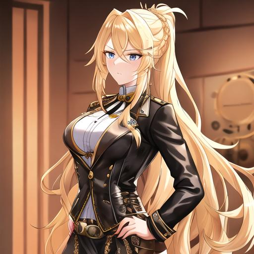 Prompt: Her long, sun-kissed blonde hair is her most distinctive feature, often styled in a sleek and intricately braided ponytail that cascades down her back. The braids are adorned with small gears and cog-shaped hairpins, giving her a touch of steampunk flair. 

She wears a fitted leather jacket with brass buckles and straps, giving her a formidable and commanding presence. 

Her long, black leather gloves are both functional and stylish, decorated with brass rivets and a variety of tiny pockets to store small tools and trinkets.

Beneath her jacket, she sports a waistcoat intricately embroidered with intricate patterns.

Her pants are made of durable, weathered fabric, tucked into knee-high leather boots with brass-plated heels.

Her eyes are an enchanting shade of sapphire blue, reflecting her determination and the vast expanse of the open skies she navigates. 

A collection of pocket watches, keys and compasses, dangle from her belt.

 She wears an eyepatch over her right eye. 

She also wears a pirate hat

Anime style