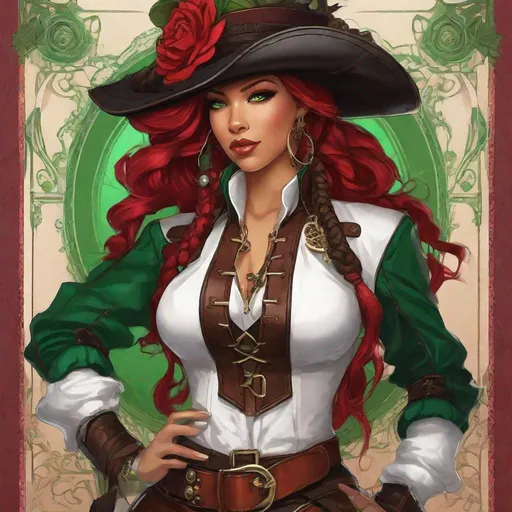 Prompt: Rosa. leather corset, billowy white shirt, high-waisted trousers, tall boots, tricorn hat, and a belt with pouches and a cutlass. her hair is a vibrant shade of crimson, styled in intricate braids and adorned with gears and feathers. it falls just below her shoulders. her eyes are a striking emerald green. Steampunk. Anime style. UHD, 8K.
