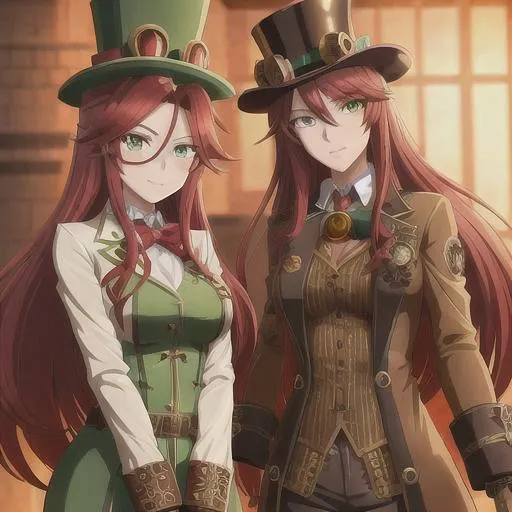 Prompt: Anime-style illustration of Valve, long red hair, green eyes, steampunk goggles, adorned top hat with pipes, tan coat with gears, detailed facial features, intricate steampunk design, highres, ultra-detailed, anime, steampunk, detailed eyes, professional