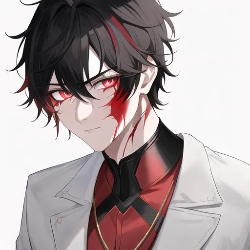 Prompt: Oxen 1male. He has short black hair. He has {{{slanted and serious red-colored eyes.}} He has a stern yet comforting look. His face is covered in scars. wearing a white doctor's coat over a shirt and trousers. UHD, 4K.  Handsome. Highly detailed face. He is 26 years old. Scientist, Wearing an eye patch