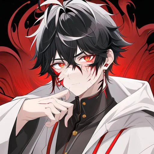 Prompt: Oxen 1male. He has short black hair. He has {{{slanted and serious red-colored eyes.}} He has a stern yet comforting look. His face is covered in scars. He is wearing a lab coat and holding flasks. UHD, 4K.  Handsome. Highly detailed face. He is 26 years old. 