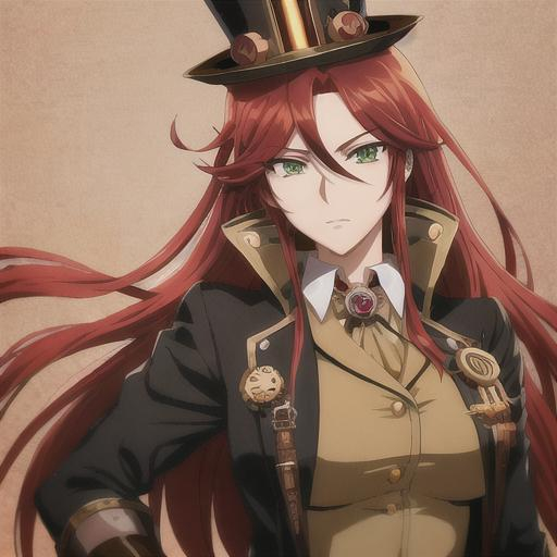 Prompt: Anime-style illustration of Valve, long red hair, green eyes, steampunk goggles, adorned top hat with pipes, tan coat with gears, detailed facial features, intricate steampunk design, highres, ultra-detailed, anime, steampunk, detailed eyes, professional