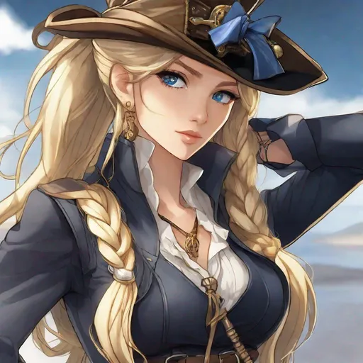 Prompt: Vera. Her long, sun-kissed blonde hair is styled in a sleek and intricately braided ponytail that cascades down her back. She wears an eyepatch and a pirate hat. Her eyes are an enchanting shade of sapphire blue, reflecting her determination.

She wears a ivory-colored blouse. Over it she wears leather vest. She wears trousers.

Anime style. Adult. Steampunk airship pirate