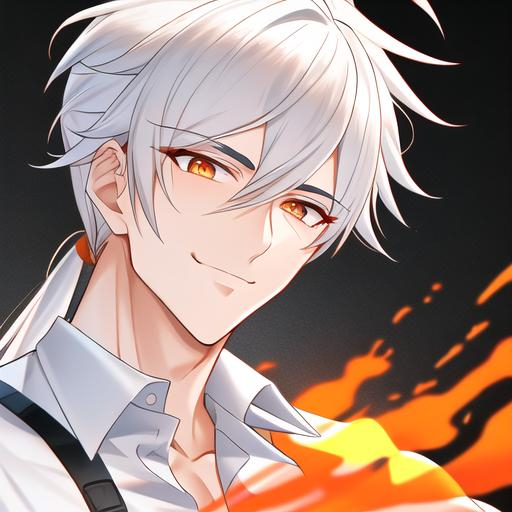 Prompt: Easton 1male. He has short {{white hair}} pulled back into a ponytail. He has {{{rounded firey-orange colored eyes.}} He has a warm and welcoming smile. He is wearing a white shirt. UHD, 4K. Muscular. Highly detailed. Slender build. Handsome. Highly detailed face. He is 26 years old. He is painting