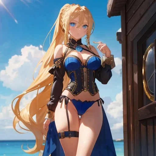 Prompt: Vera. She has long, sun-kissed blonde hair styled in a sleek and intricately braided ponytail that cascades down her back. Sapphire blue eyes. Wearing a [[steampunk bathing suit.]] Anime style. Steampunk. Adult. UHD