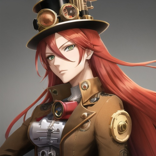 Prompt: Anime-style illustration of Valve, long red hair, green eyes, steampunk goggles, adorned top hat with pipes, tan coat with gears, detailed facial features, intricate steampunk design, highres, ultra-detailed, anime, steampunk, detailed eyes, professional