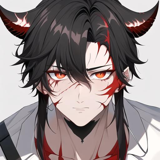 Prompt: Oxen 1male. He has short black hair. He has {{{slanted and serious red-colored eyes.}} He has a stern yet comforting look. His face is covered in scars. He is wearing a lab coat and holding flasks. UHD, 4K.  Handsome. Highly detailed face. He is 26 years old. Scientist