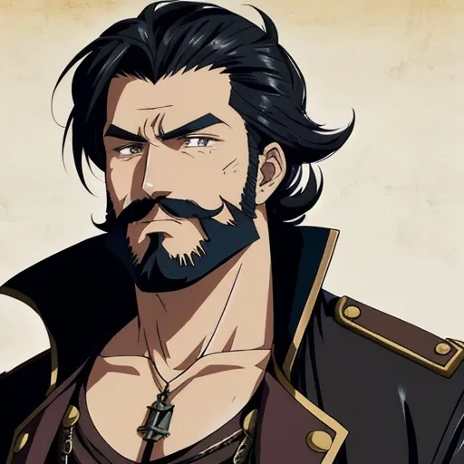 Prompt: Captain Blackthorn. He is a feared airship pirate captain. Thick facial hair. In his 40's. Anime style. Steampunk. Adult. Stern look