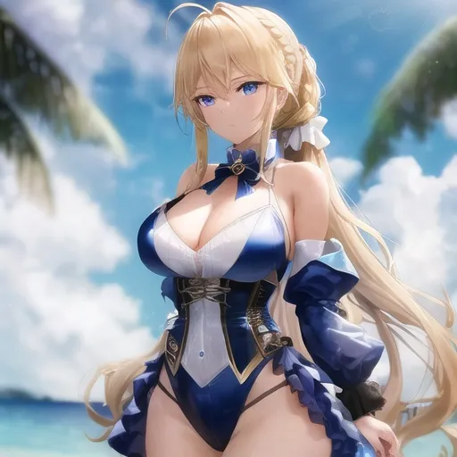 Prompt: Vera. She has long, sun-kissed blonde hair styled in a sleek and intricately braided ponytail that cascades down her back. Serious Sapphire blue eyes. Wearing a [[steampunk bathing suit.]] Anime style. Steampunk. Adult. UHD