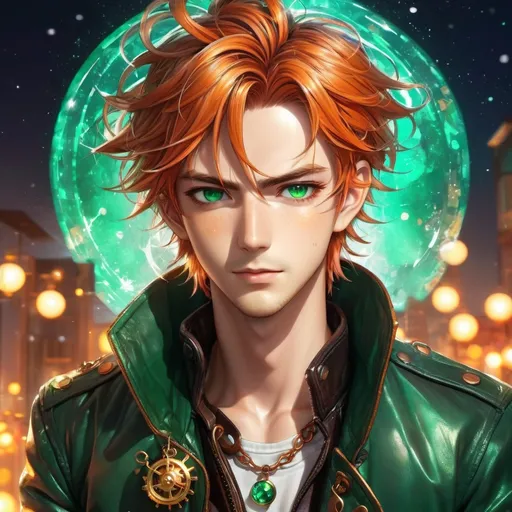 Prompt: Anime illustration of Mara, male, fiery munsell hair tied in a messy bun, shimmering like a sunlit copper sea, emerald-green eyes, cute freckles, leather jacket with weather charms, detailed eyes, vibrant colors, steampunk, anime, detailed hair, atmospheric lighting, highres, professional, male