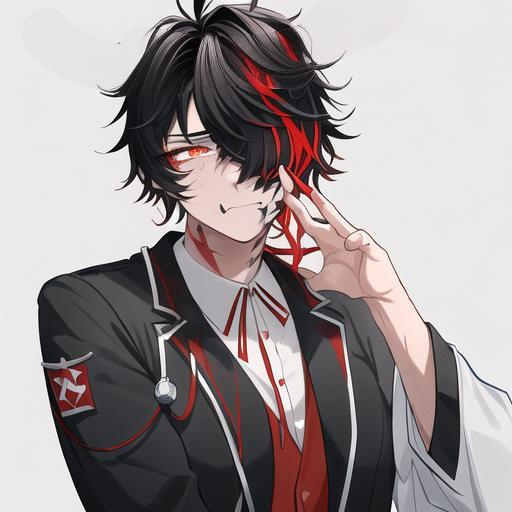 Prompt: Oxen 1male. He has short black hair that covers his eyes. He has {{{slanted and serious red-colored eyes.}} He has a stern yet comforting look. His face is covered in scars. wearing a white doctor's coat over a shirt and trousers. UHD, 4K.  Handsome. Highly detailed face. He is 26 years old. Scientist, Wearing an eye patch. Wearing a mask