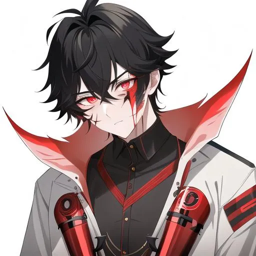 Prompt: Oxen 1male. He has short black hair. He has {{{slanted and serious red-colored eyes.}} He has a stern yet comforting look. His face is covered in scars. He is wearing a lab coat and holding flasks. UHD, 4K.  Handsome. Highly detailed face. He is 26 years old. Scientist