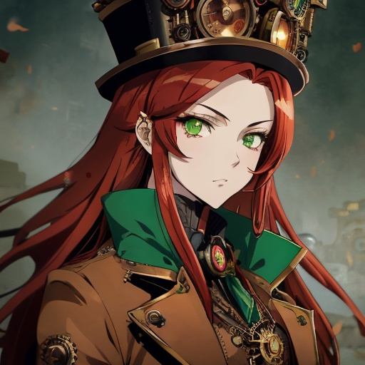 Prompt: Anime-style illustration of Valve, long red hair, green eyes, steampunk goggles, adorned top hat with pipes, tan coat with gears, detailed facial features, intricate steampunk design, highres, ultra-detailed, anime, steampunk, detailed eyes, professional