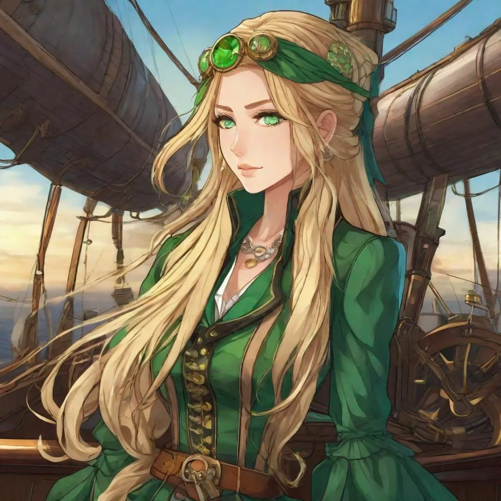 Prompt: Vera. She has long, sun-kissed blonde hair that cascades down her back with glowing green highlights. green and blue eyes, Green crystals growing out of her while she's in pain. Blood. Anime style. Steampunk. Airship pirate captain.
