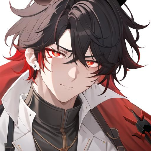 Prompt: Oxen 1male. He has short black hair. He has {{{slanted and serious red-colored eyes.}} He has a stern yet comforting look. His face is covered in scars. He is wearing a lab coat and holding flasks. UHD, 4K.  Handsome. Highly detailed face. He is 26 years old. Close up