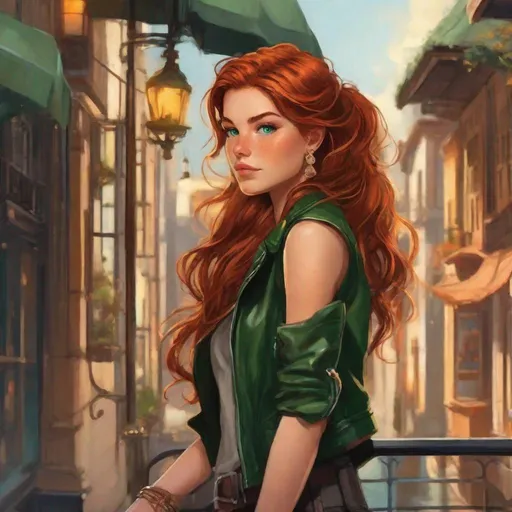 Prompt: Mara has long, fiery auburn hair that seems to shimmer like a sunlit copper sea. She keeps her hair tied back in a messy bun when she's not busy observing the skies. Her emerald-green eyes have a spark of adventure and mischief, and her freckles add charm to her features. She often wears a leather jacket with various weather charms and small trinkets hanging from its edges. Airship pirate. Anime style