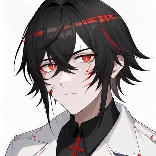 Prompt: Oxen 1male. He has short black hair. He has {{{slanted and serious red-colored eyes.}} He has a stern yet comforting look. His face is covered in scars. wearing a white doctor's coat over a shirt and trousers. UHD, 4K.  Handsome. Highly detailed face. He is 26 years old. Scientist, Wearing an eye patch. Wearing a mask