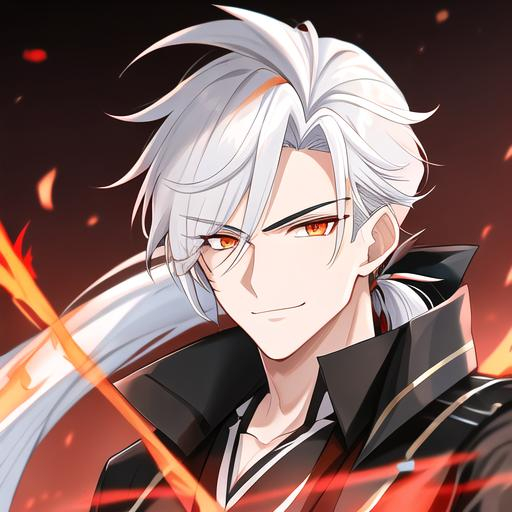 Prompt: Easton 1male. He has short {{white hair}} that is pulled back into a short ponytail. He has {{{rounded firey-orange colored eyes.}} He has a warm and welcoming smile. He is wearing a grim reaper outfit. UHD, 4K. Muscular. Highly detailed. Slender build. Handsome. Highly detailed face, 