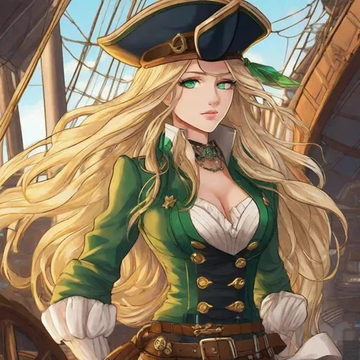 Prompt: Vera. She has long, sun-kissed blonde hair that cascades down her back with glowing green highlights. green and blue eyes, Green crystals growing out of her while she's in pain. Blood. Anime style. Steampunk. Airship pirate captain.
