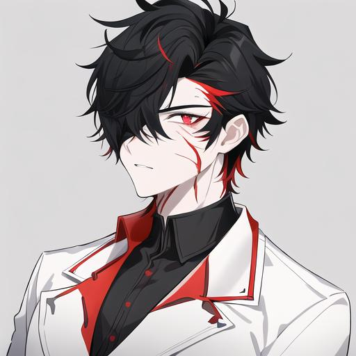 Prompt: Oxen 1male. He has short black hair that covers his eyes. He has {{{slanted and serious red-colored eyes.}} He has a stern yet comforting look. His face is covered in scars. wearing a white doctor's coat over a shirt and trousers. UHD, 4K.  Handsome. Highly detailed face. He is 26 years old. Scientist, Wearing an eye patch. Wearing a mask