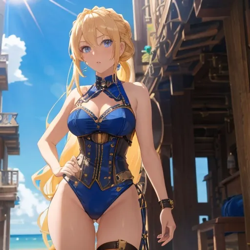 Prompt: Vera. She has long, sun-kissed blonde hair styled in a sleek and intricately braided ponytail that cascades down her back. Sapphire blue eyes. Wearing a [[steampunk bathing suit.]] Anime style. Steampunk. Adult. UHD