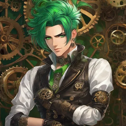 Prompt: Stylish male in corseted leather bodice, knee-high boots with gears, fingerless gloves, vibrant green hair, striking emerald eyes, steampunk, anime style, UHD, 8K, detailed steampunk attire, intense gaze, intricate mechanical details, professional, vibrant green hair, corseted leather bodice, high-resolution, anime, steampunk, detailed eyes, atmospheric lighting