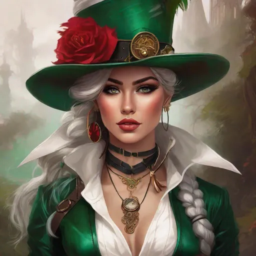 Prompt: Rose. Wearing a white leather corset, billowy white shirt, high-waisted trousers, tall boots, tricorn hat, and a belt with pouches and a cutlass. her hair is a vibrant shade of crimson, styled in intricate braids and adorned with gears and feathers. it falls just below her shoulders. her eyes are a striking emerald green. Steampunk. Anime style. UHD, 8K.