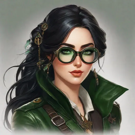 Prompt: Isolde has long, raven-black hair that falls gracefully down her back, often tied in a simple, efficient braid. Her eyes, a deep shade of green, are captivating and carry an air of mystery and intensity. She typically dons a practical leather jacket, adorned with an array of intricate spyglasses, telescopes, and monoculars. 

Airship pirate. Steampunk. Anime style. UHD