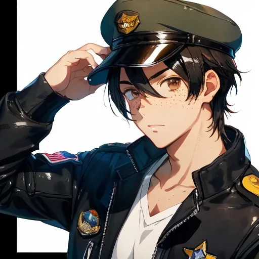 Prompt: A male with black hair, brown eyes, freckles, and wearing an aviator hat. Air force pilot. Anime style