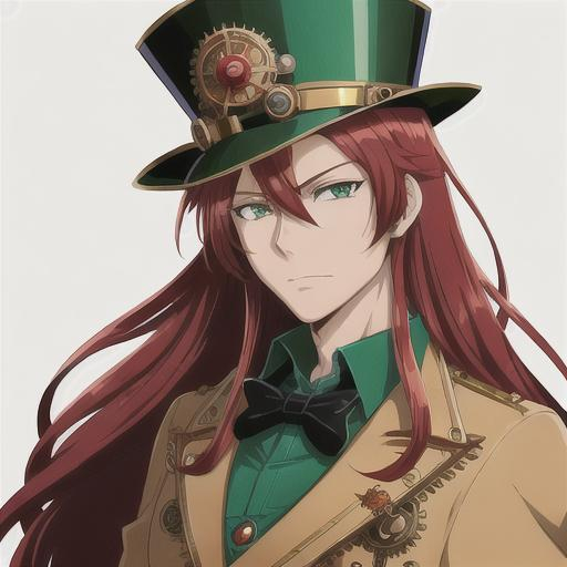 Prompt: Anime-style illustration of Valve, long red hair, green eyes, steampunk goggles, adorned top hat with pipes, tan coat with gears, detailed facial features, intricate steampunk design, highres, ultra-detailed, anime, steampunk, detailed eyes, professional