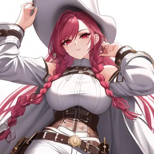 Prompt: Rose. Wearing a white leather corset, billowy white shirt, high-waisted trousers, tall boots, tricorn hat, and a belt with pouches and a cutlass. her hair is a vibrant shade of crimson, styled in intricate braids and adorned with gears and feathers. it falls just below her shoulders. her eyes are a striking emerald green. Steampunk. Anime style. UHD, 8K.