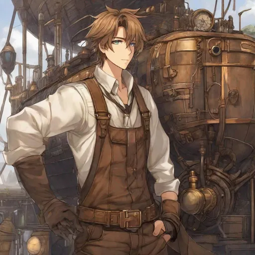 Prompt: Flint. 1male. Steampunk airship mechanic. He has light brown hair. And wears oil stained overalls. Anime style