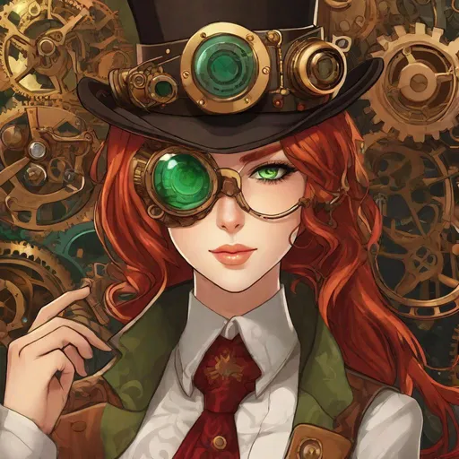 Prompt: Anime-style illustration of Valve, long red hair, green eyes, steampunk goggles, adorned top hat with pipes, tan coat with gears, detailed facial features, intricate steampunk design, highres, ultra-detailed, anime, steampunk, detailed eyes, professional
