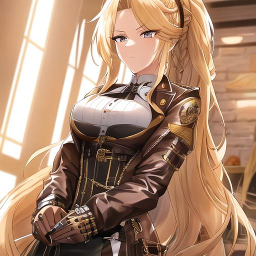 Prompt: Her long, sun-kissed blonde hair is her most distinctive feature, often styled in a sleek and intricately braided ponytail that cascades down her back. The braids are adorned with small gears and cog-shaped hairpins, giving her a touch of steampunk flair. 

She wears a fitted leather jacket with brass buckles and straps, giving her a formidable and commanding presence. 

Her long, black leather gloves are both functional and stylish, decorated with brass rivets and a variety of tiny pockets to store small tools and trinkets.

Beneath her jacket, she sports a waistcoat intricately embroidered with intricate patterns.

Her pants are made of durable, weathered fabric, tucked into knee-high leather boots with brass-plated heels.

Her eyes are an enchanting shade of sapphire blue, reflecting her determination and the vast expanse of the open skies she navigates. 

A collection of pocket watches, keys and compasses, dangle from her belt.

 She wears an eyepatch over her right eye. 

She also wears a pirate hat

Anime style