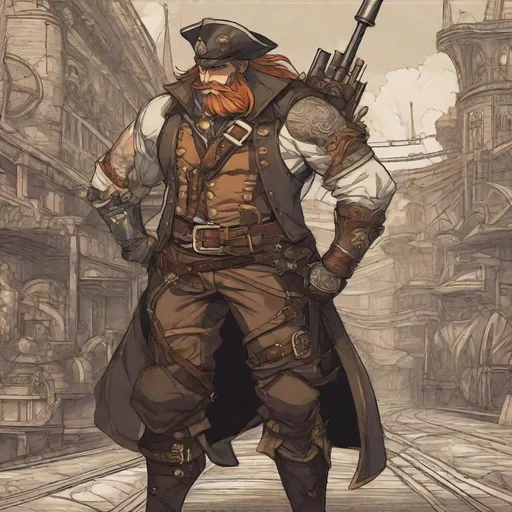 Prompt: Jasper is a imposing figure, with a heavily muscled build. He often wears a heavy leather apron that bears the marks of countless hours of work, and his forearms are adorned with intricate tattoos that depict various weapons and armor pieces. His eyes, while sharp and observant, carry the wisdom of a seasoned blacksmith.

Airship pirate. Steampunk. Anime style. UHD