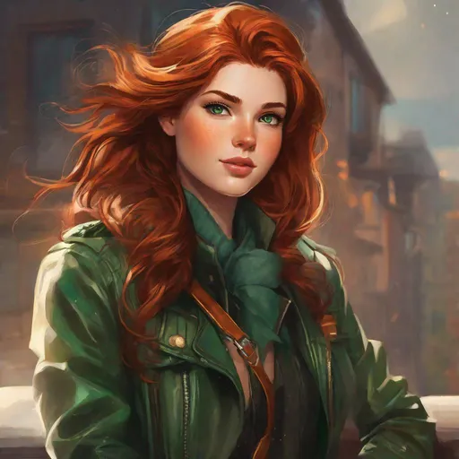 Prompt: Mara has long, fiery auburn hair that seems to shimmer like a sunlit copper sea. She keeps her hair tied back in a messy bun when she's not busy observing the skies. Her emerald-green eyes have a spark of adventure and mischief, and her freckles add charm to her features. She often wears a leather jacket with various weather charms and small trinkets hanging from its edges. Anime style