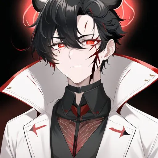 Prompt: Oxen 1male. He has short black hair. He has {{{slanted and serious red-colored eyes.}} He has a stern yet comforting look. His face is covered in scars. He is wearing a lab coat and holding flasks. UHD, 4K.  Handsome. Highly detailed face. He is 26 years old. Scientist