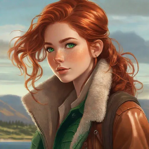 Prompt: Mara has long, fiery auburn hair that seems to shimmer like a sunlit copper sea. She keeps her hair tied back in a messy bun when she's not busy observing the skies. Her emerald-green eyes have a spark of adventure and mischief, and her freckles add charm to her features. She often wears a leather jacket with various weather charms and small trinkets hanging from its edges. Airship pirate. Steampunk. Anime style 